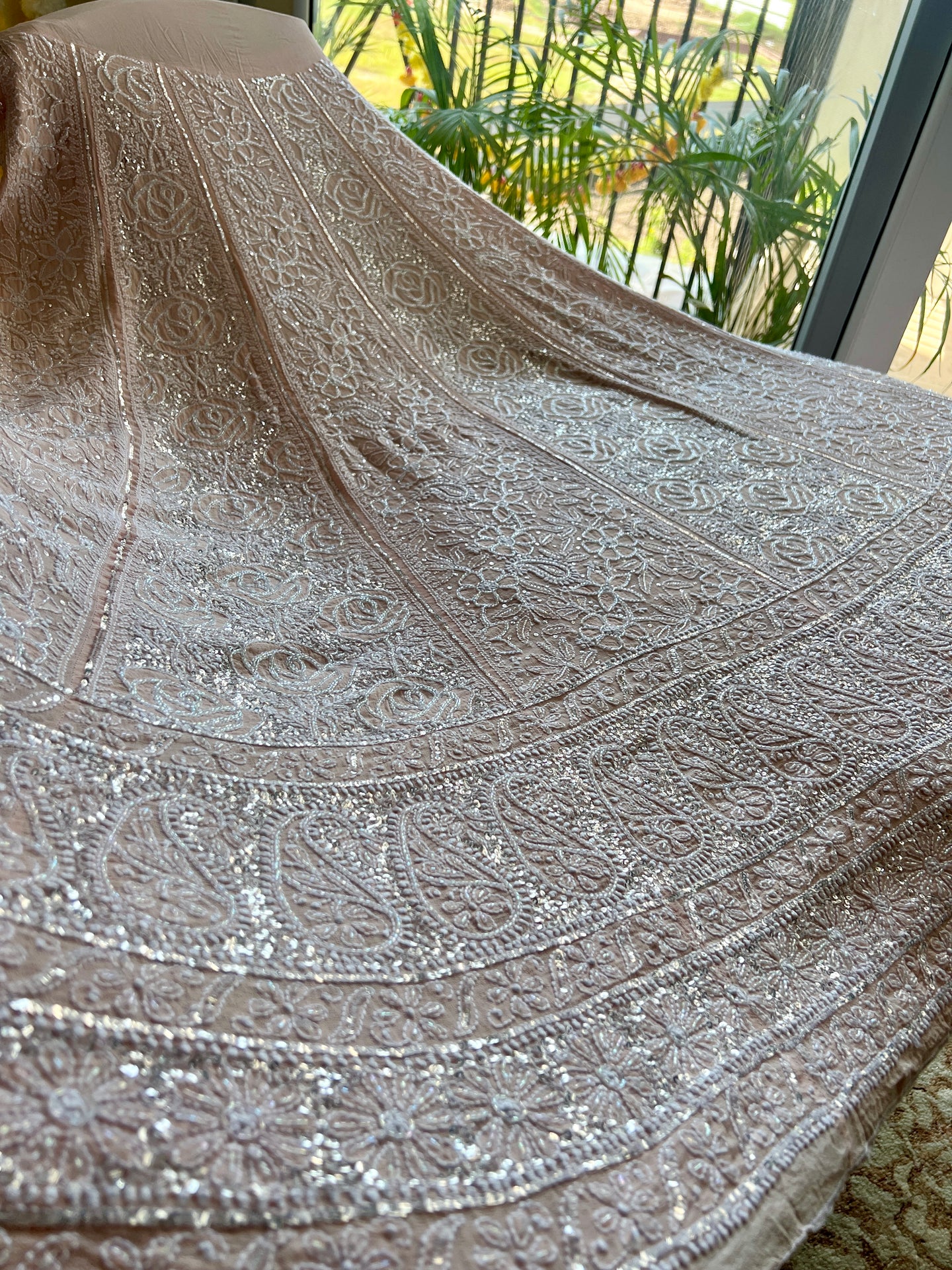 Masterpiece Ruhani Powder Peach Chikankari Sequins Cut Dana Wedding Lehenga